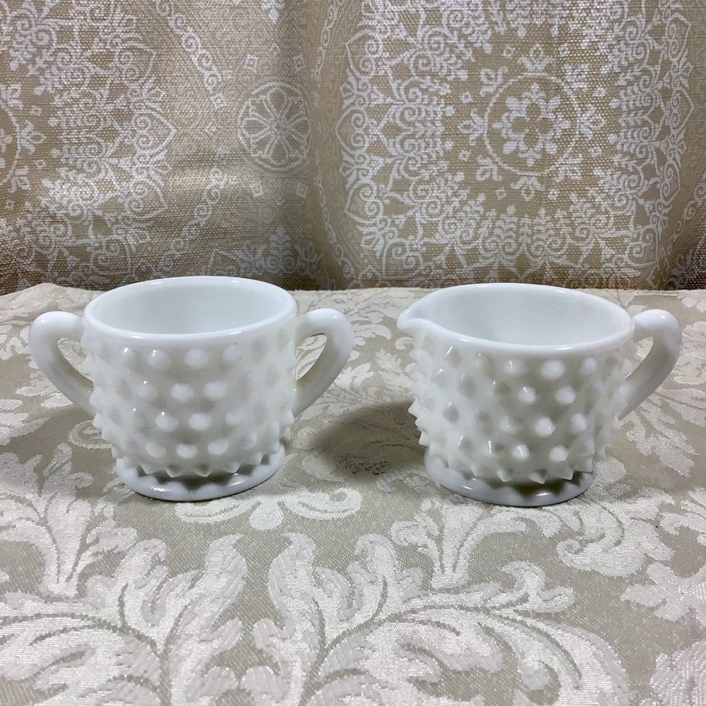 Vintage Fenton Milk Glass Hobnail Sugar and Creamer Set